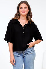 Solana Top - Collared Buttoned Neckline Boxy Tee in Black