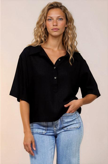 Solana Top - Collared Buttoned Neckline Boxy Tee in Black