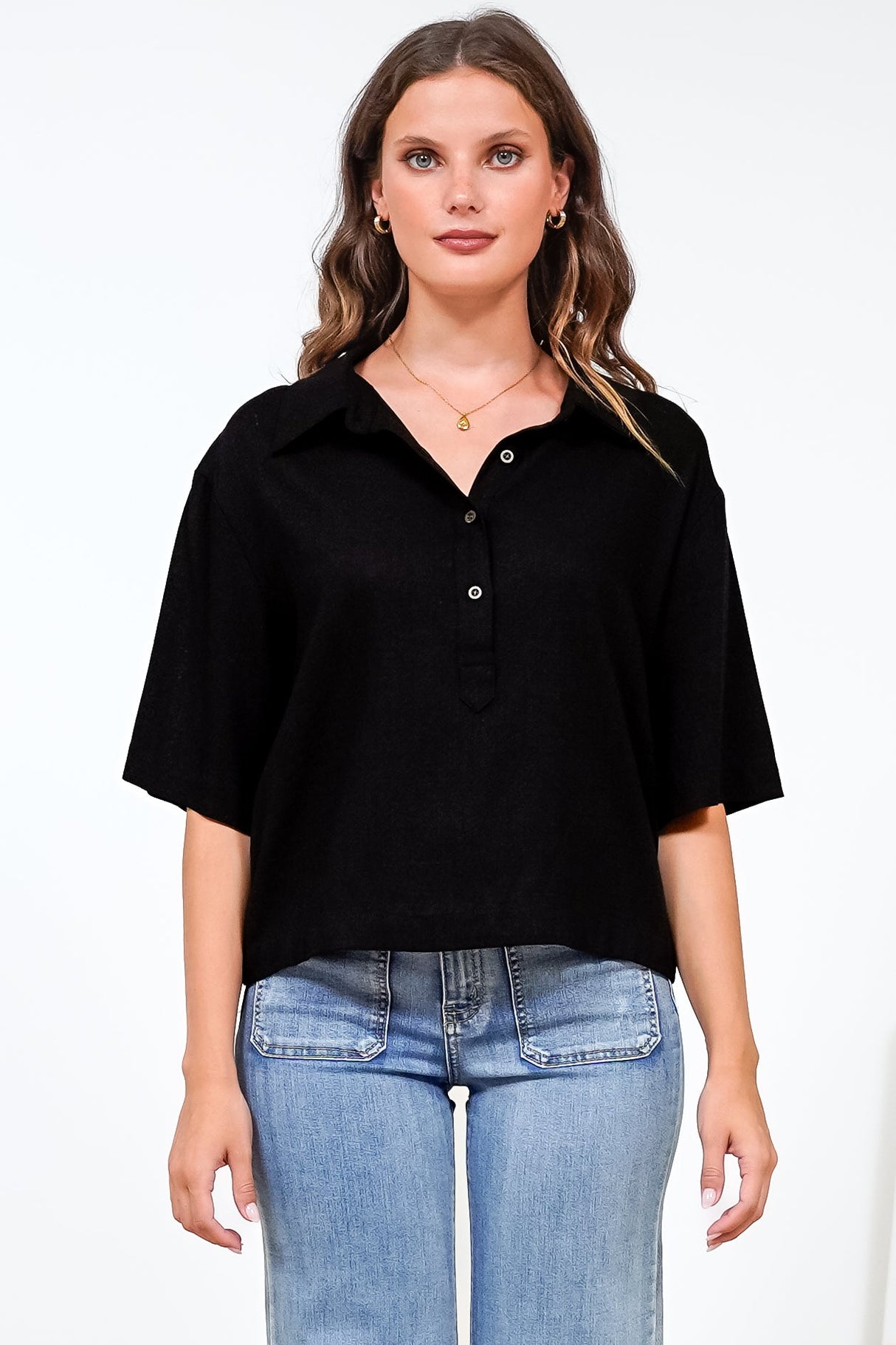 Solana Top - Collared Buttoned Neckline Boxy Tee in Black