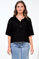 Solana Top - Collared Buttoned Neckline Boxy Tee in Black