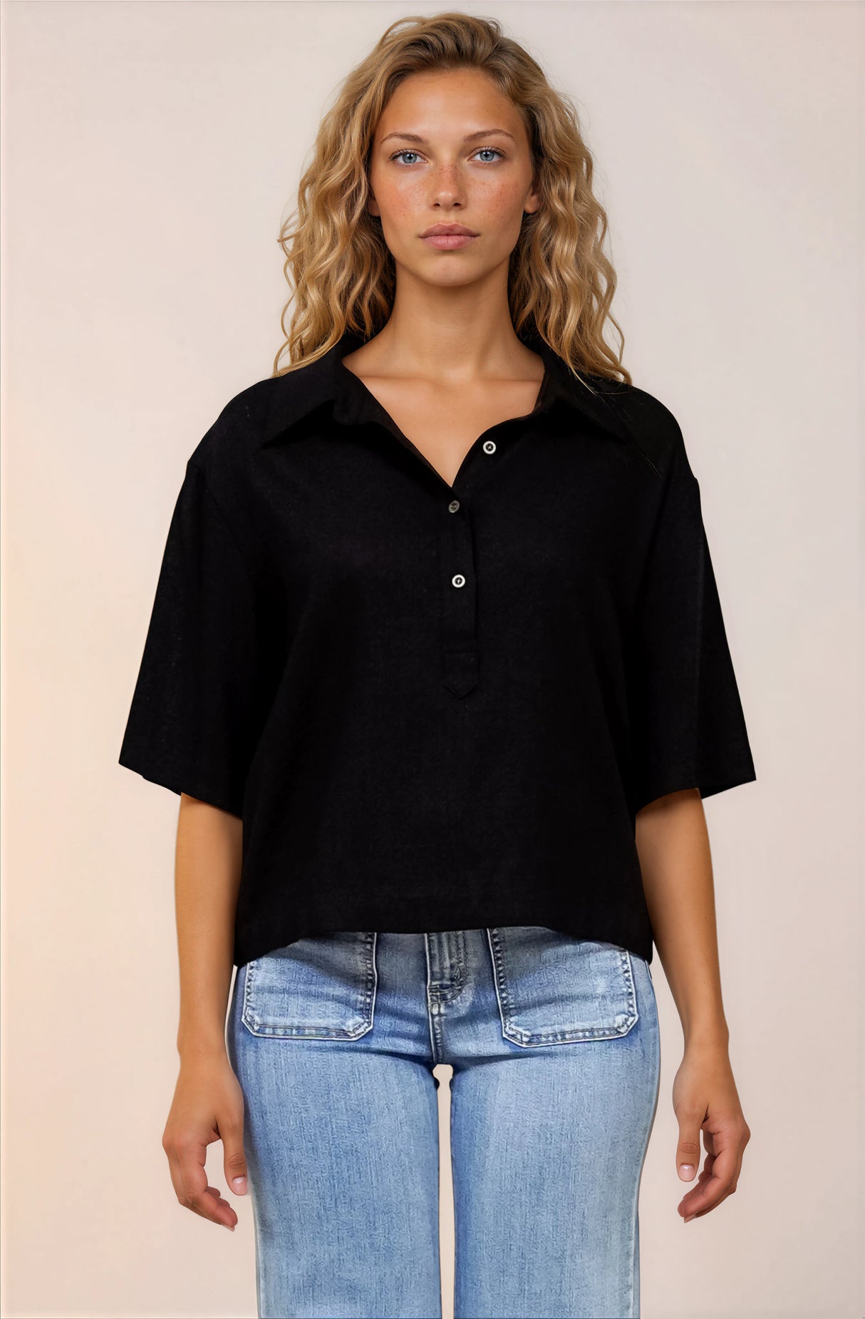 Solana Top - Collared Buttoned Neckline Boxy Tee in Black