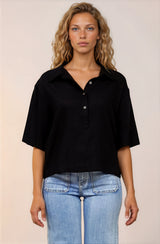 Solana Top - Collared Buttoned Neckline Boxy Tee in Black