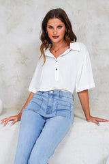 Solana Top - Collared Buttoned Neckline Boxy Tee in White
