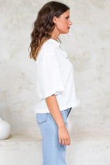 Solana Top - Collared Buttoned Neckline Boxy Tee in White