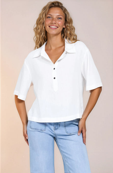 Solana Top - Collared Buttoned Neckline Boxy Tee in White