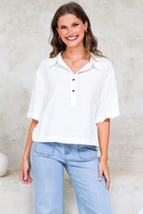 Solana Top - Collared Buttoned Neckline Boxy Tee in White