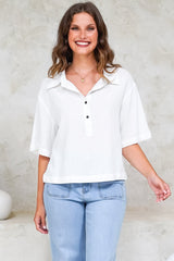 Solana Top - Collared Buttoned Neckline Boxy Tee in White