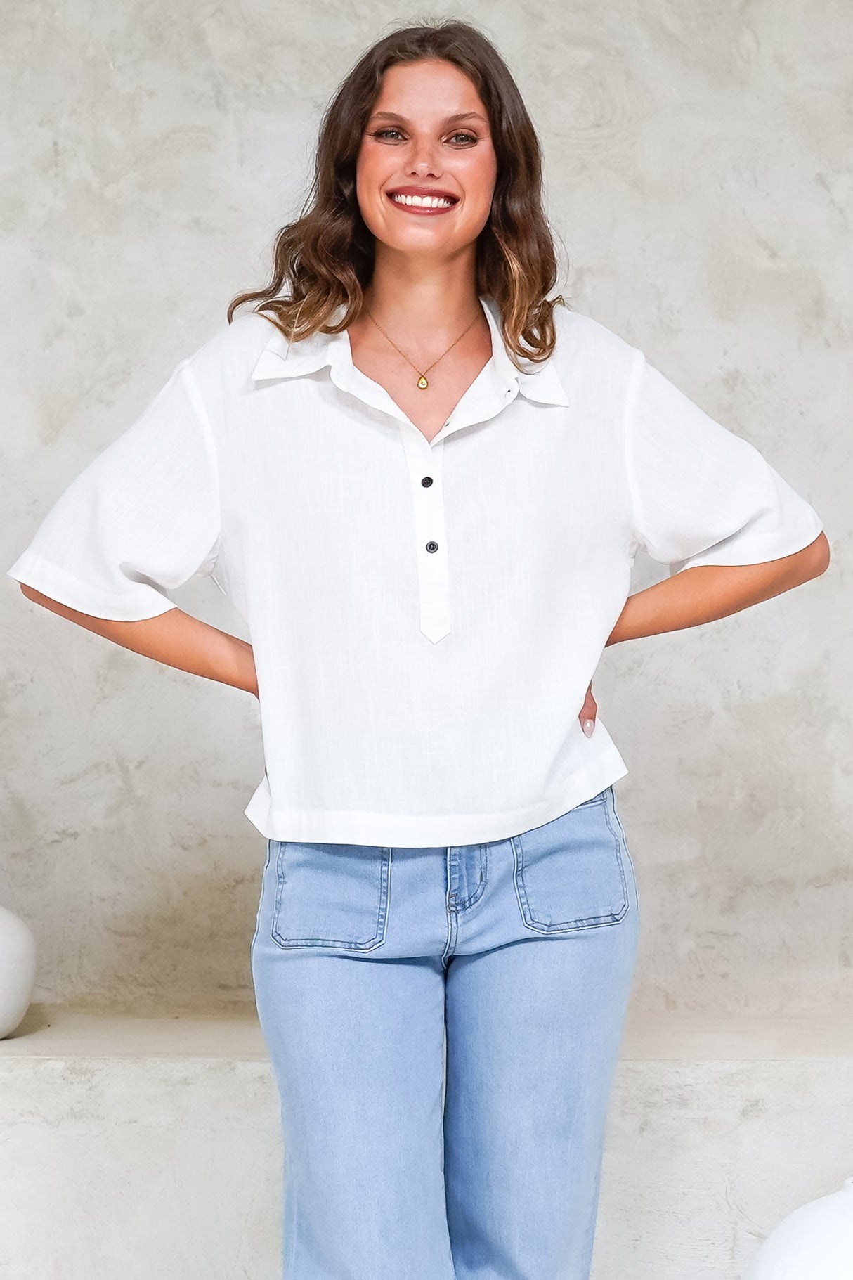 Solana Top - Collared Buttoned Neckline Boxy Tee in White