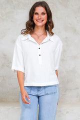 Solana Top - Collared Buttoned Neckline Boxy Tee in White