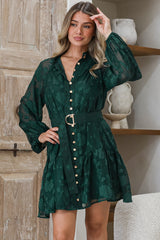 Solange Mini Dress - Floral Motif Overlay Front Button Placket Tiered Dress with Belt in Emerald