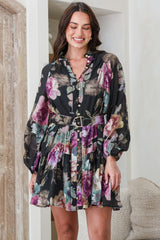 Solange Mini Dress - High Collar Front Button Placket Tiered Dress with Belt in Scandalous Print