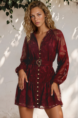 Model wearing Solange Mini Dress in Wine from Salty Crush
