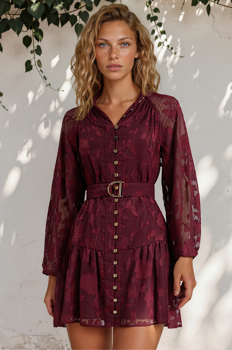 Model wearing Solange Mini Dress in Wine from Salty Crush