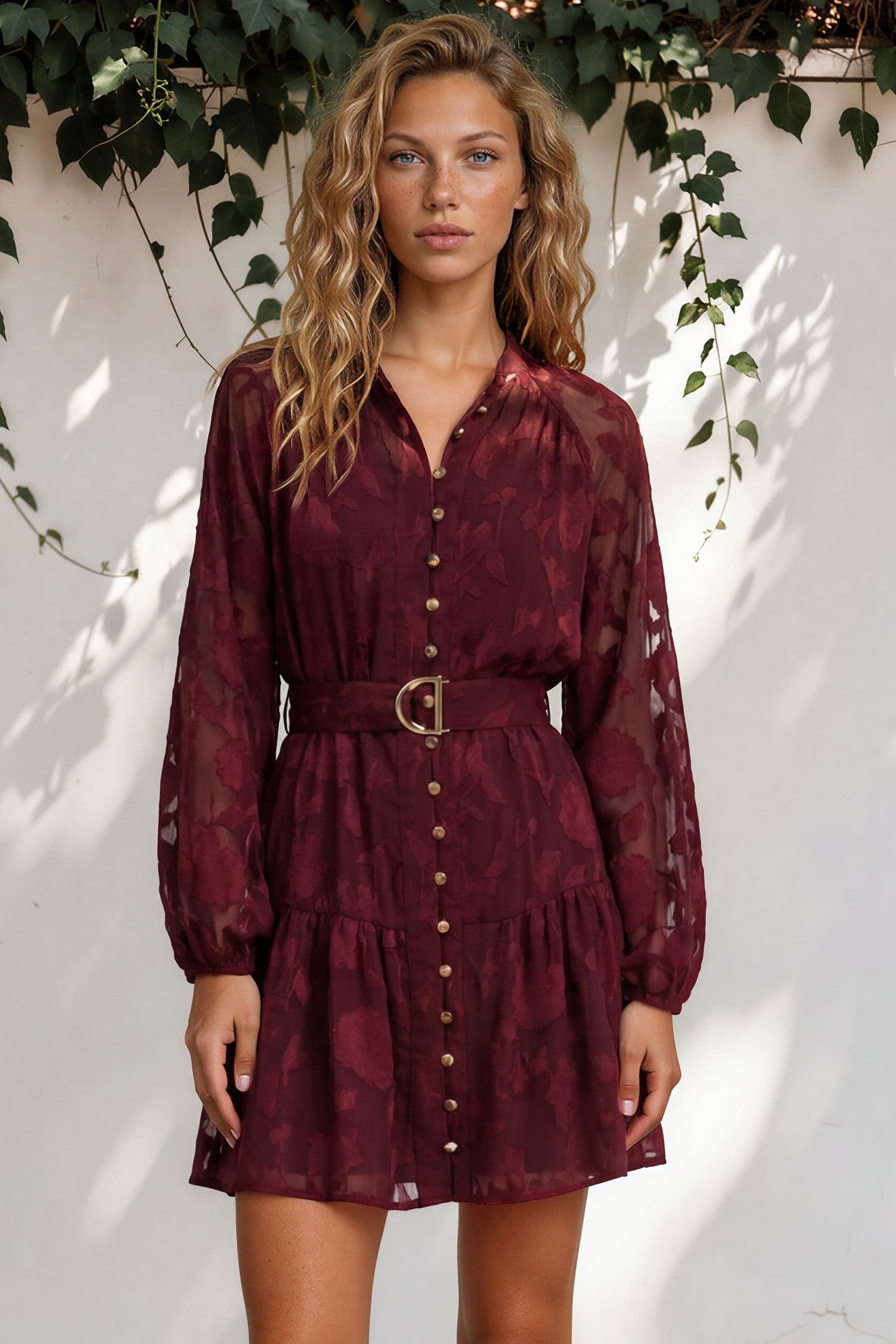 Model wearing Solange Mini Dress in Wine from Salty Crush