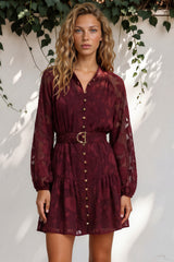 Model wearing Solange Mini Dress in Wine from Salty Crush