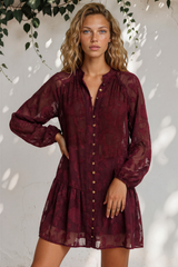 Model wearing Solange Mini Dress in Wine from Salty Crush