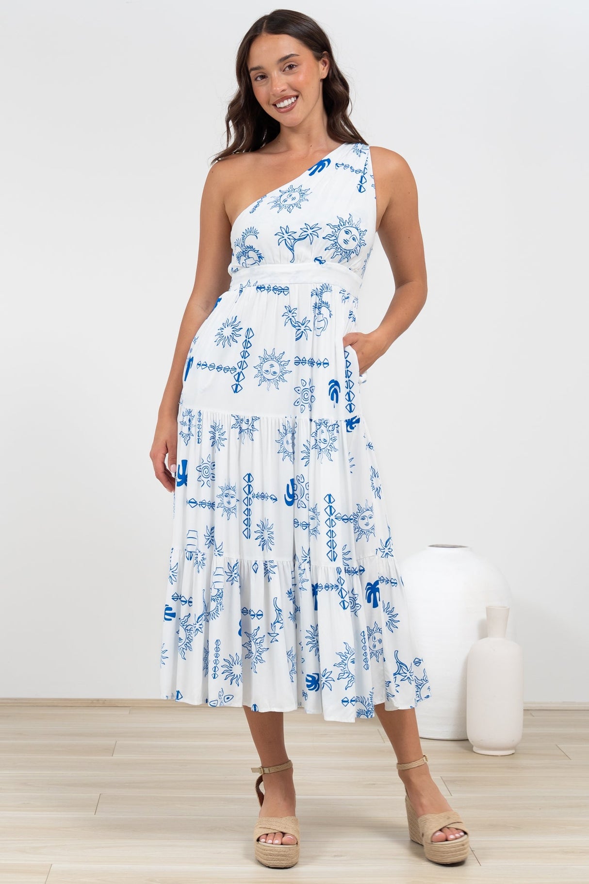 Solara Midi Dress - One Shoulder A-Line Midi Dress in Jorah Print