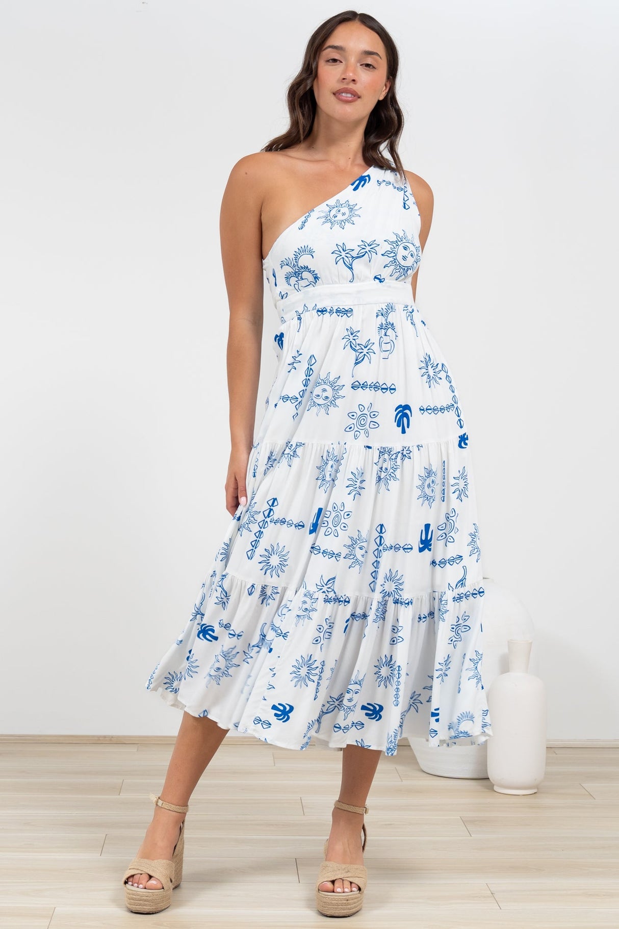 Solara Midi Dress - One Shoulder A-Line Midi Dress in Jorah Print