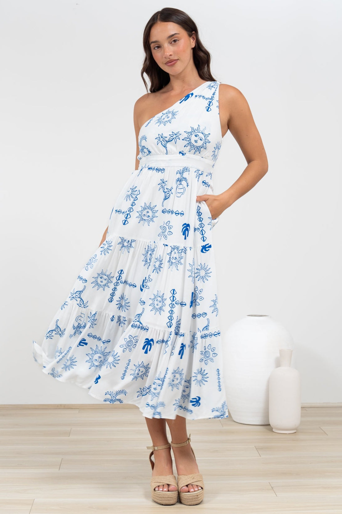 Solara Midi Dress - One Shoulder A-Line Midi Dress in Jorah Print