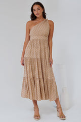 Solara Midi Dress - One Shoulder A-Line Midi Dress in Tango Print