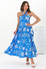 Solie Maxi Dress - Halter Neck Dress with Elasticated Back in Aurie Print