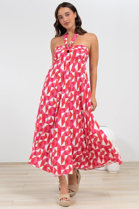 Solie Midi Dress - Halter Neck Dress with Elasticated Back in Lynne Print