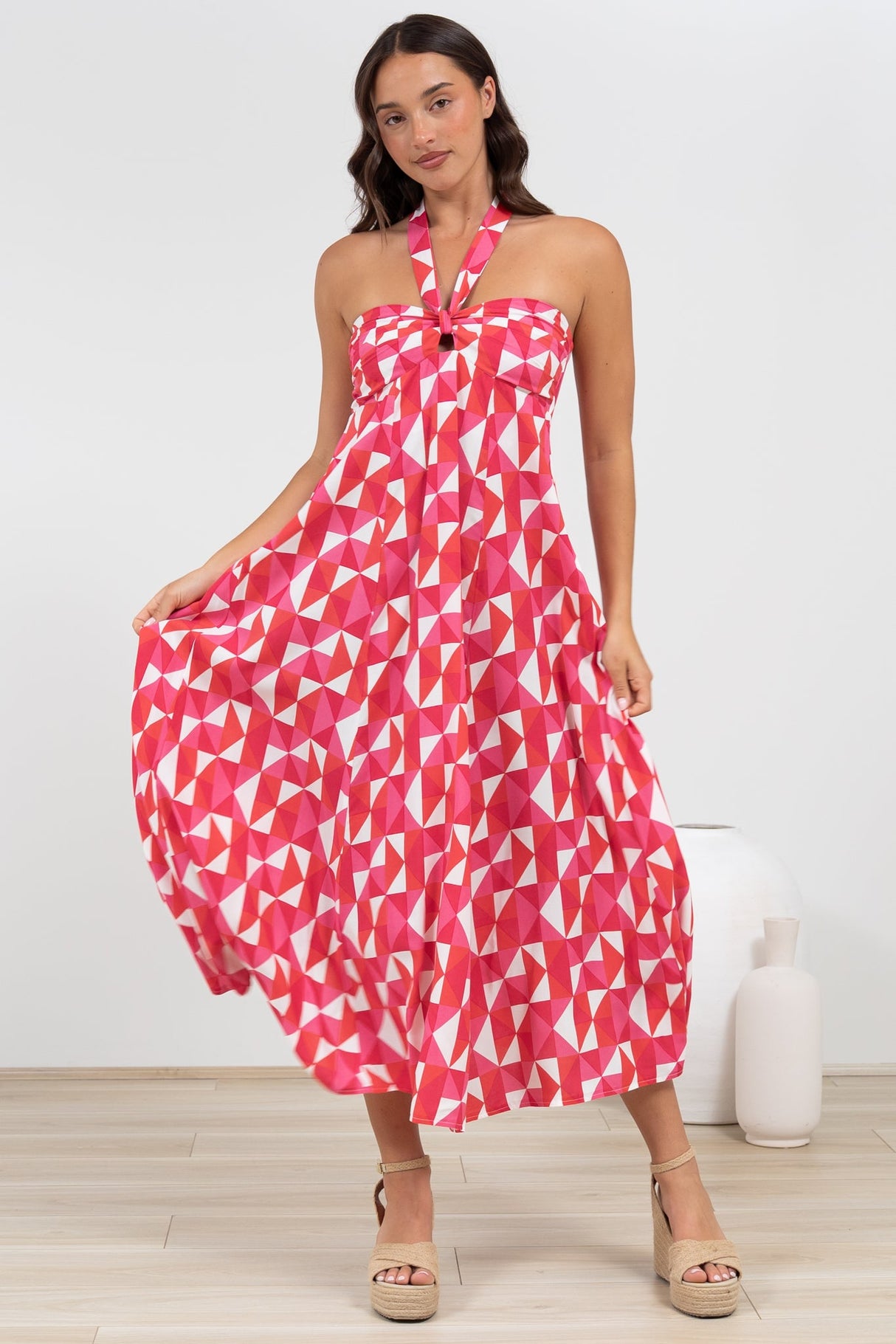 Solie Midi Dress - Halter Neck Dress with Elasticated Back in Lynne Print