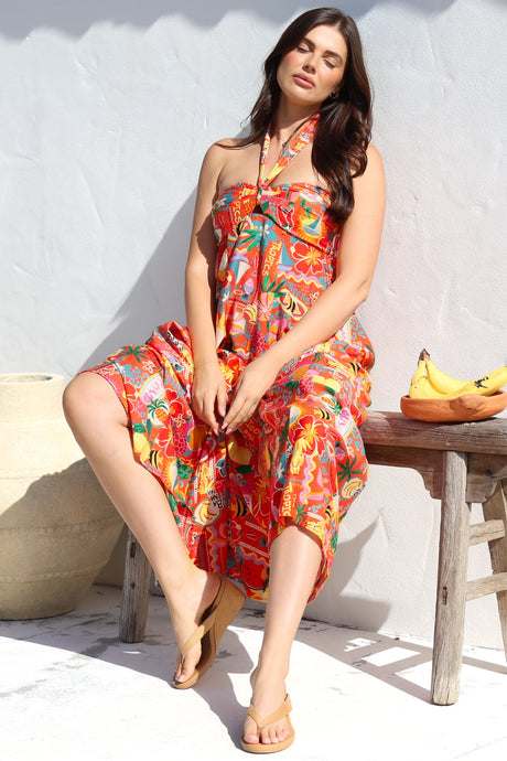 Solie Midi Dress - Halter Neck Dress with Elasticated Back in Pina Colada Print