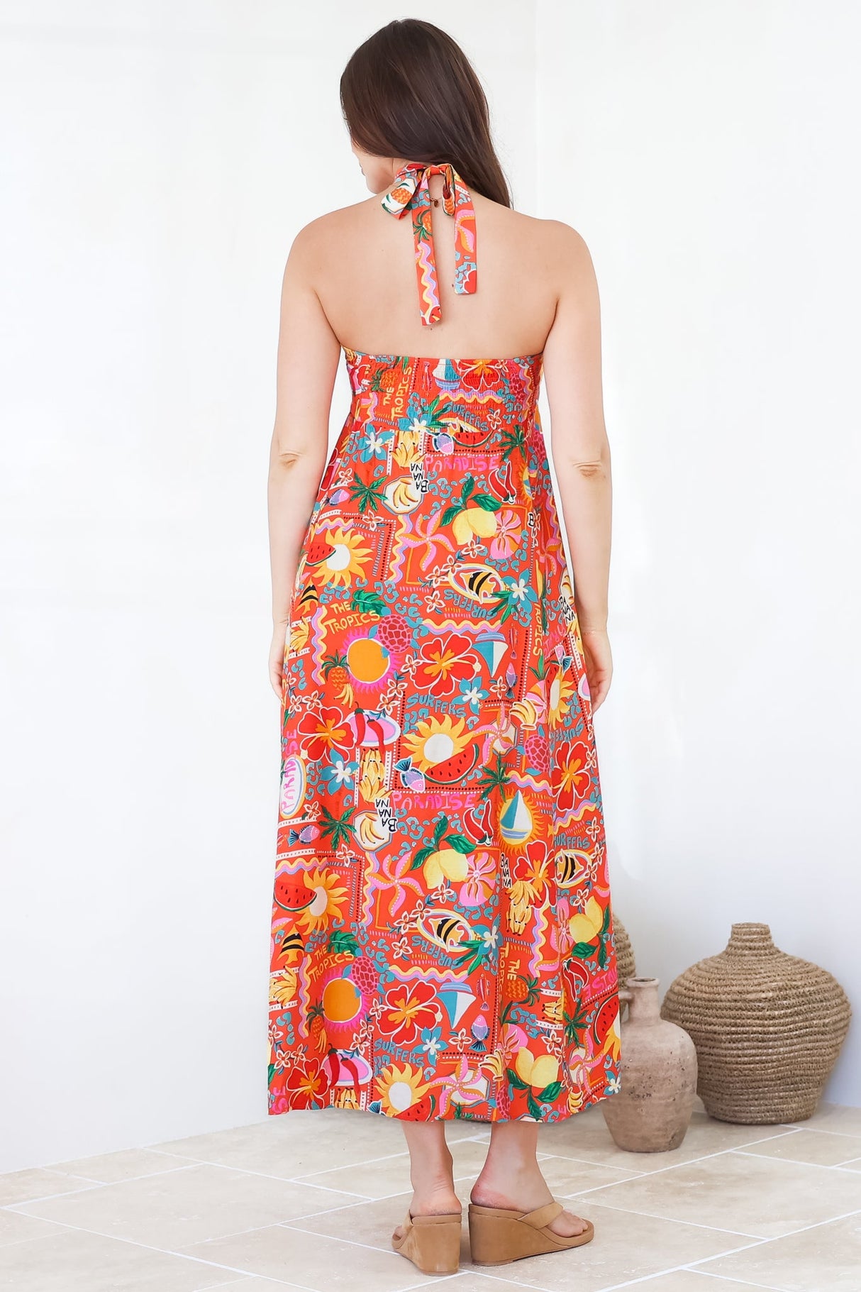 Solie Midi Dress - Halter Neck Dress with Elasticated Back in Pina Colada Print