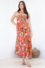 Solie Midi Dress - Halter Neck Dress with Elasticated Back in Pina Colada Print