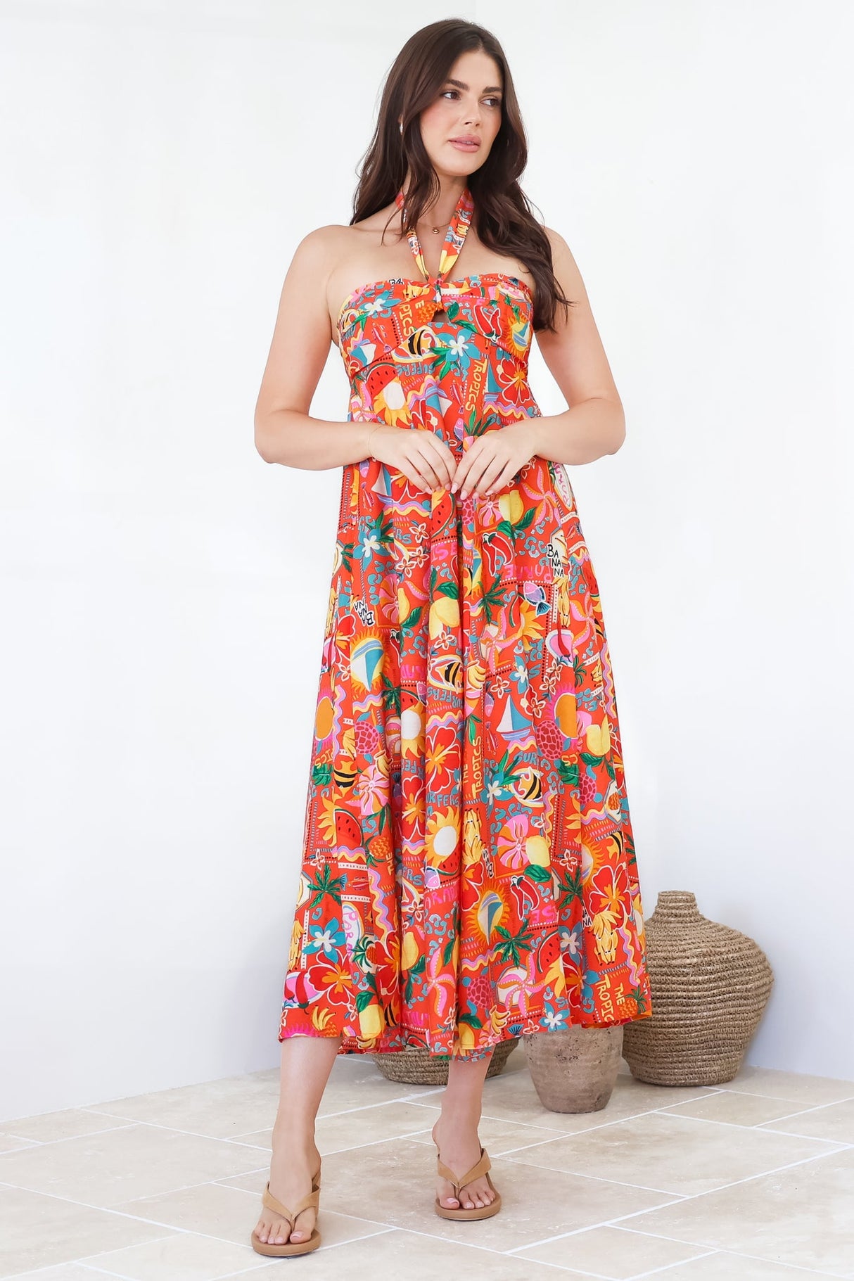 Solie Midi Dress - Halter Neck Dress with Elasticated Back in Pina Colada Print