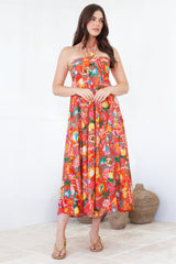 Solie Midi Dress - Halter Neck Dress with Elasticated Back in Pina Colada Print