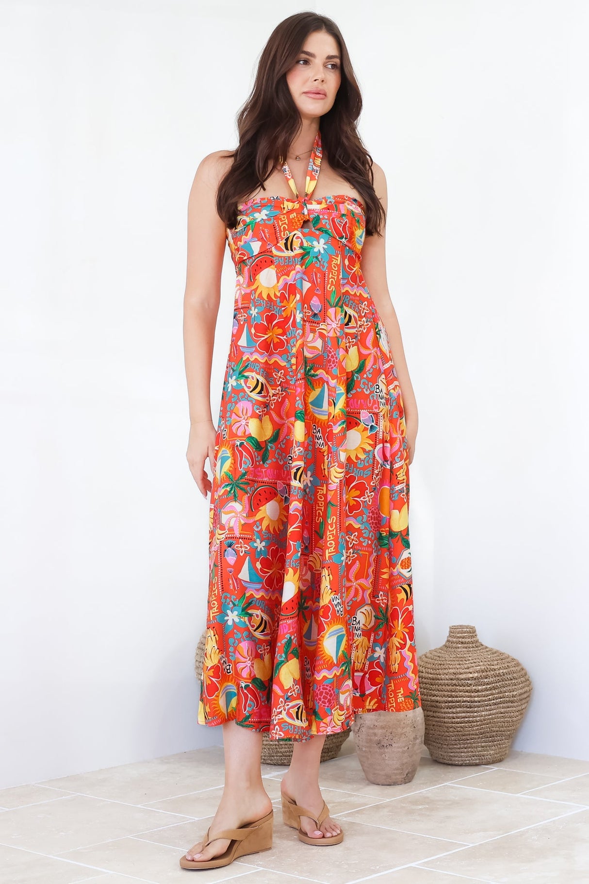 Solie Midi Dress - Halter Neck Dress with Elasticated Back in Pina Colada Print