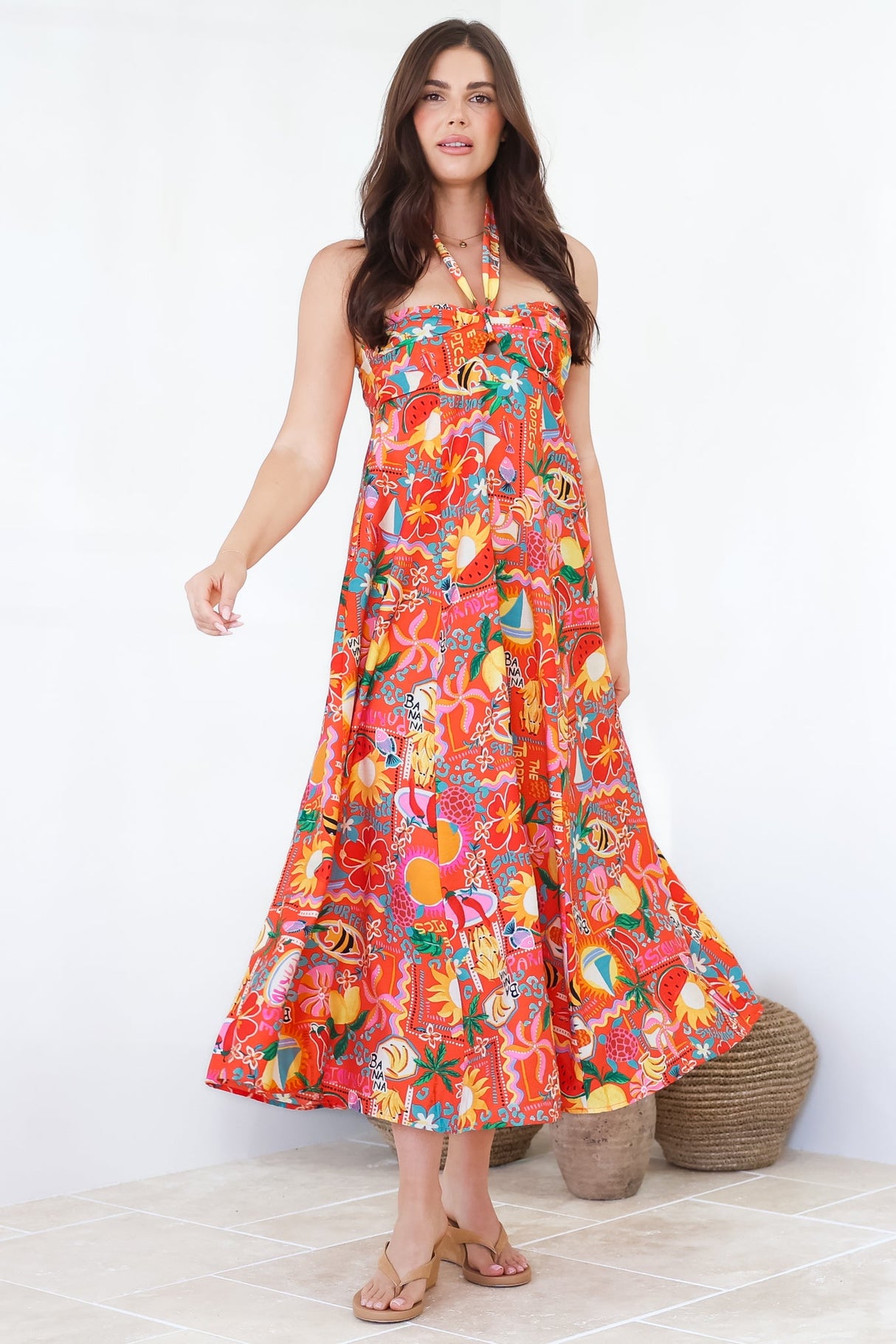 Solie Midi Dress - Halter Neck Dress with Elasticated Back in Pina Colada Print