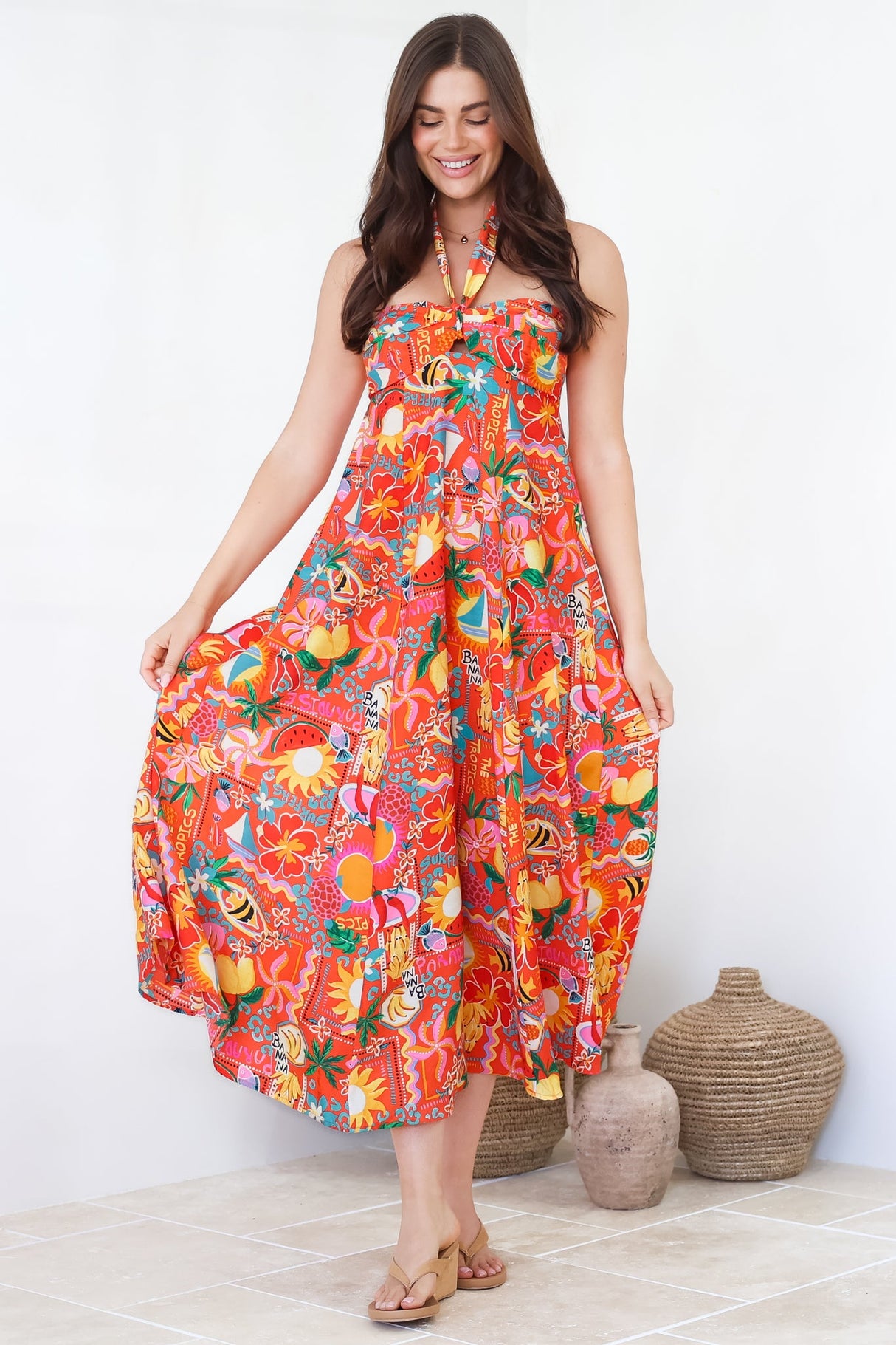 Solie Midi Dress - Halter Neck Dress with Elasticated Back in Pina Colada Print