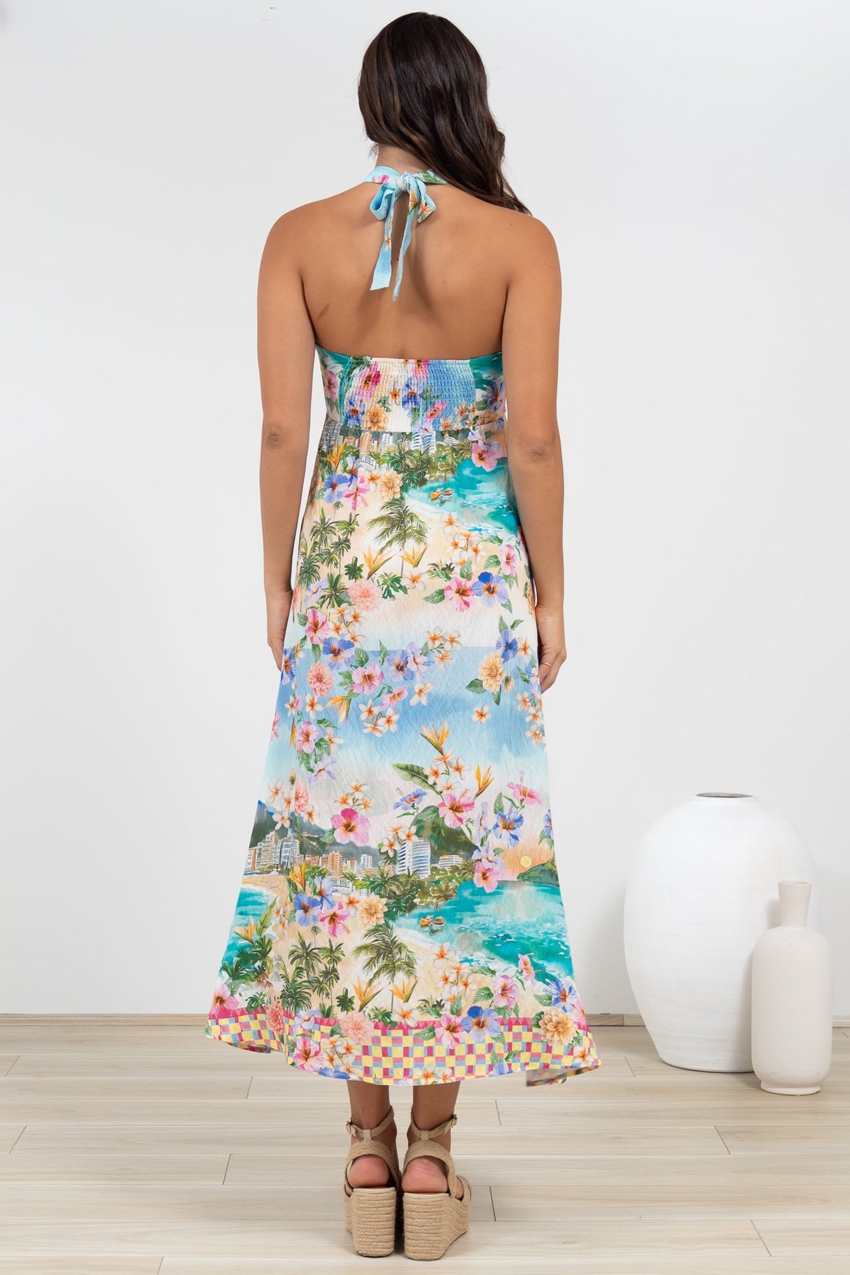 Solie Midi Dress - Halter Neck Dress with Elasticated Back in Pina Colada Print