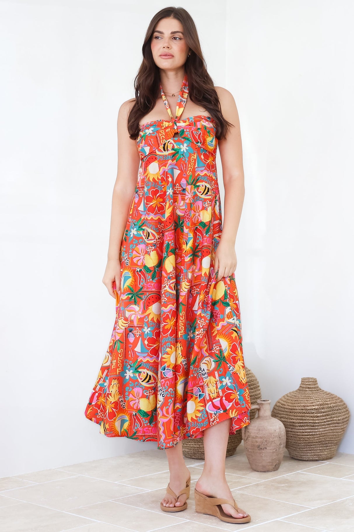 Solie Midi Dress - Halter Neck Dress with Elasticated Back in Pina Colada Print