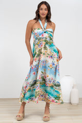 Solie Midi Dress - Halter Neck Dress with Elasticated Back in Pina Colada Print