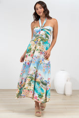 Solie Midi Dress - Halter Neck Dress with Elasticated Back in Pina Colada Print