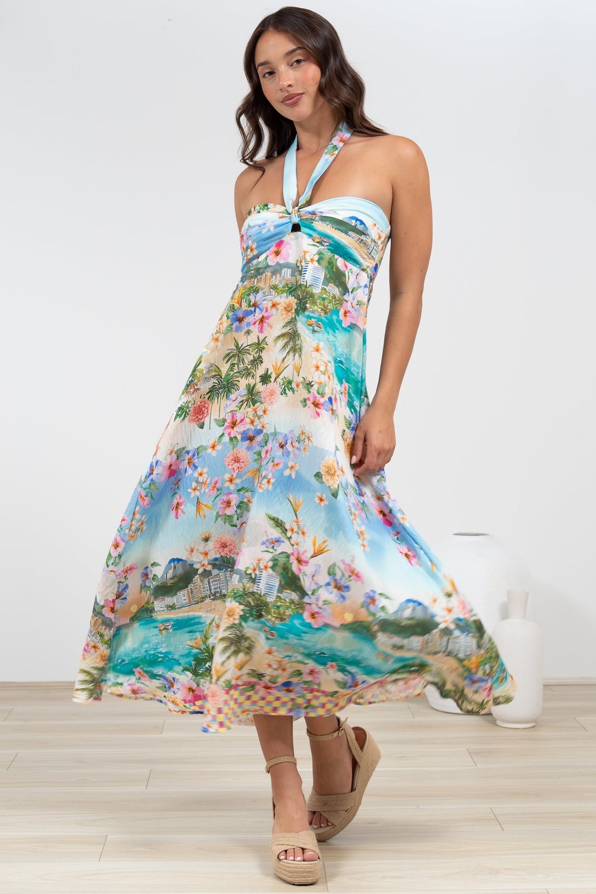 Solie Midi Dress - Halter Neck Dress with Elasticated Back in Pina Colada Print