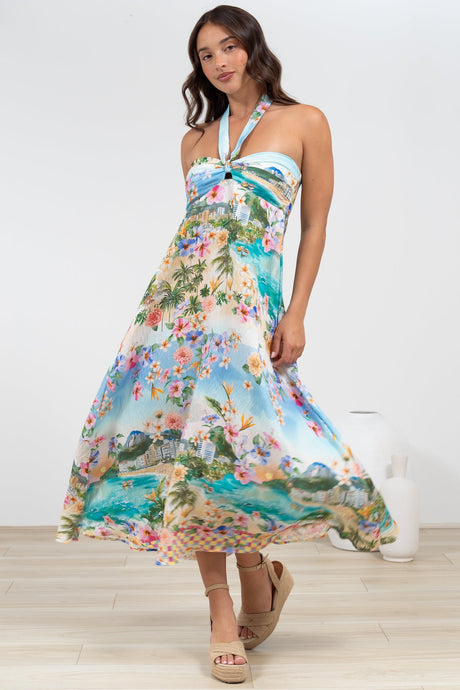 Solie Midi Dress - Halter Neck Dress with Elasticated Back in Pina Colada Print