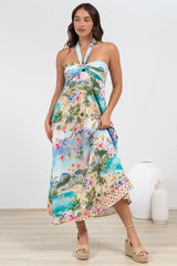 Solie Midi Dress - Halter Neck Dress with Elasticated Back in Pina Colada Print