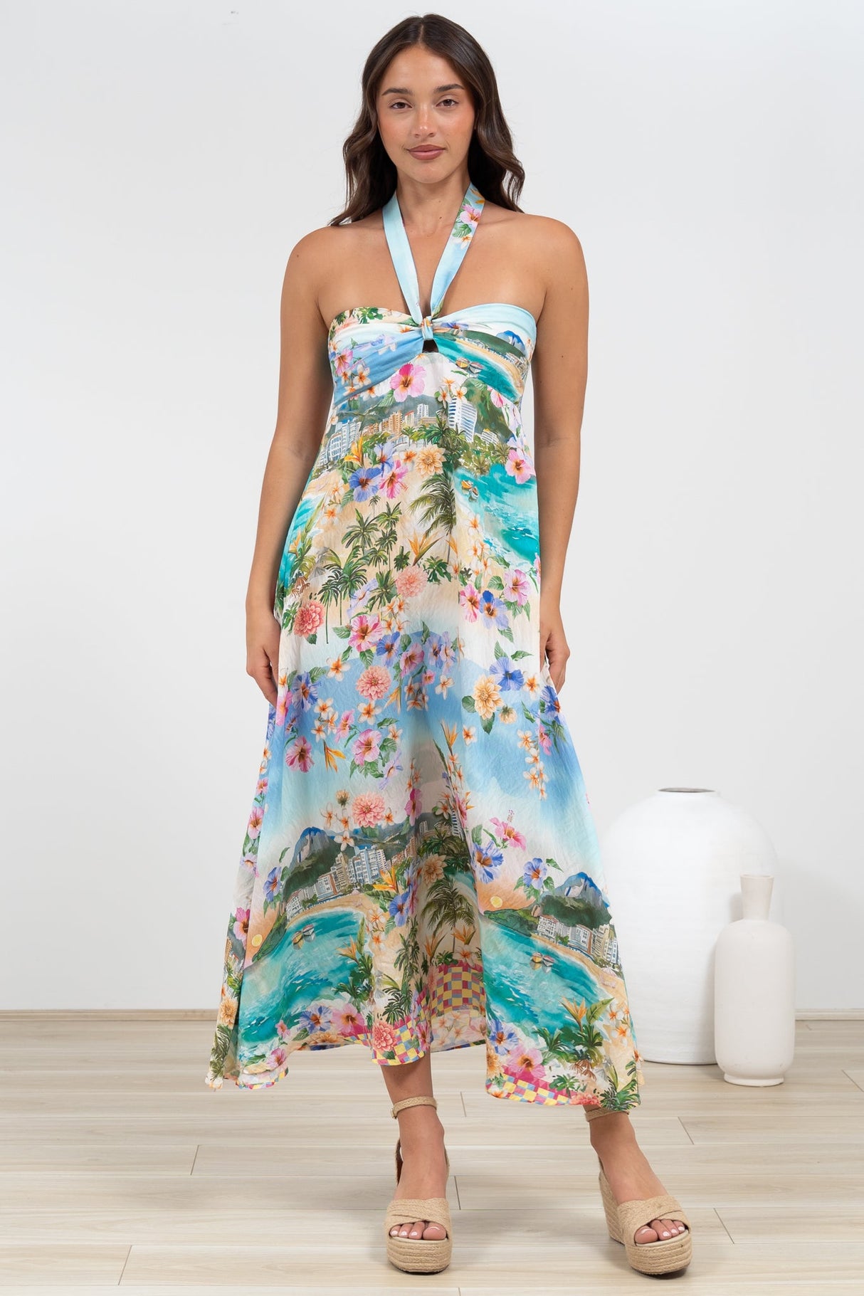 Solie Midi Dress - Halter Neck Dress with Elasticated Back in Pina Colada Print