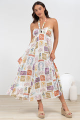 Solie Midi Dress - Halter Neck Dress with Elasticated Back in Reina Print