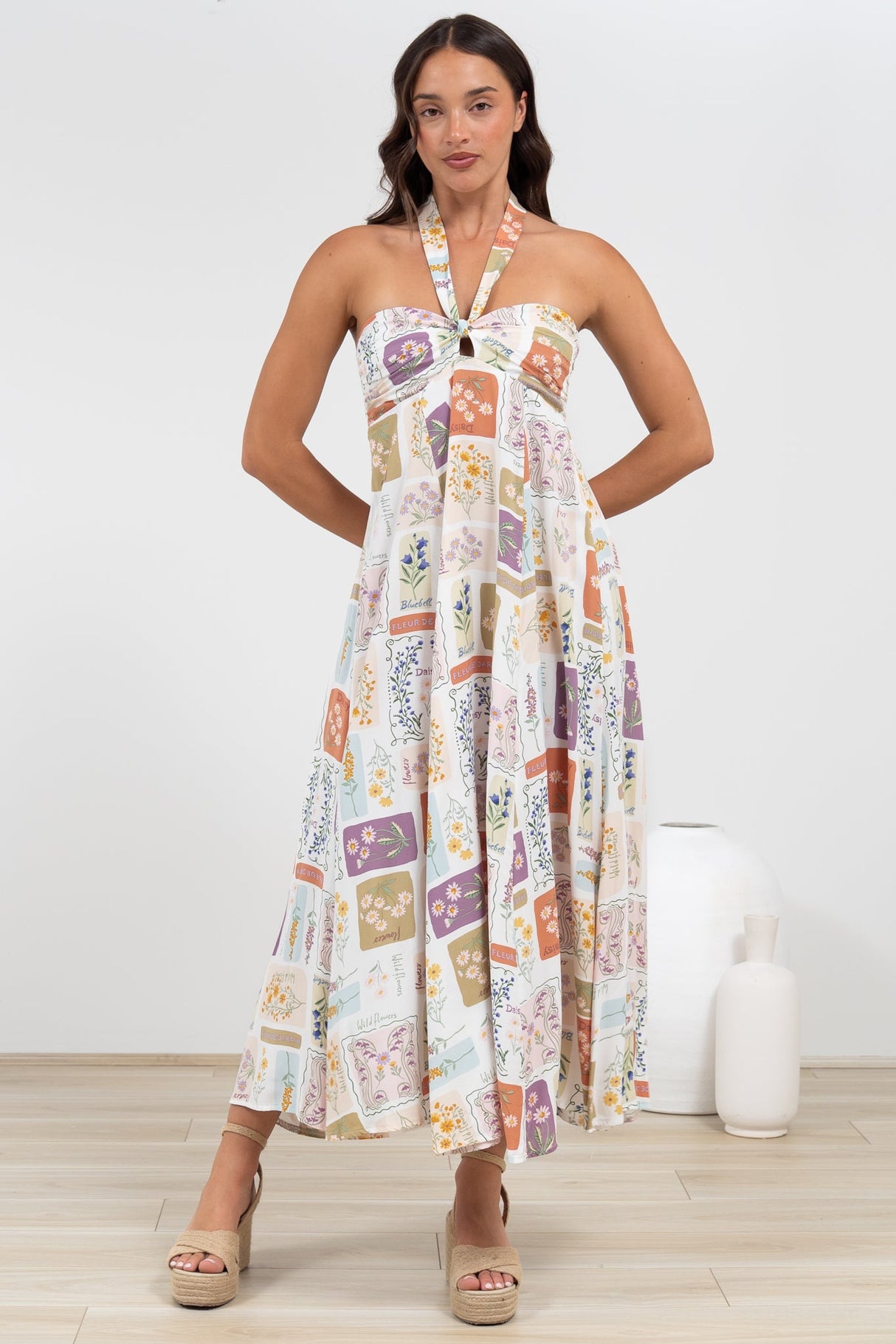 Solie Midi Dress - Halter Neck Dress with Elasticated Back in Reina Print