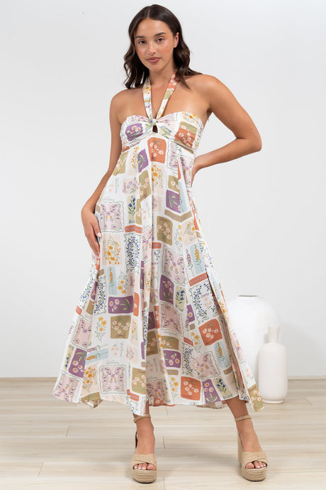 Solie Midi Dress - Halter Neck Dress with Elasticated Back in Reina Print