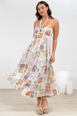 Solie Midi Dress - Halter Neck Dress with Elasticated Back in Reina Print