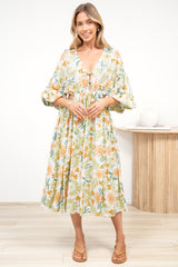 Sona Midi Dress - V Neck Cut Out Detail A Line Dress in LaBella Print
