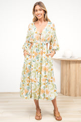 Sona Midi Dress - V Neck Cut Out Detail A Line Dress in LaBella Print