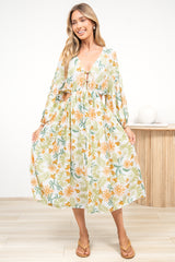 Sona Midi Dress - V Neck Cut Out Detail A Line Dress in LaBella Print